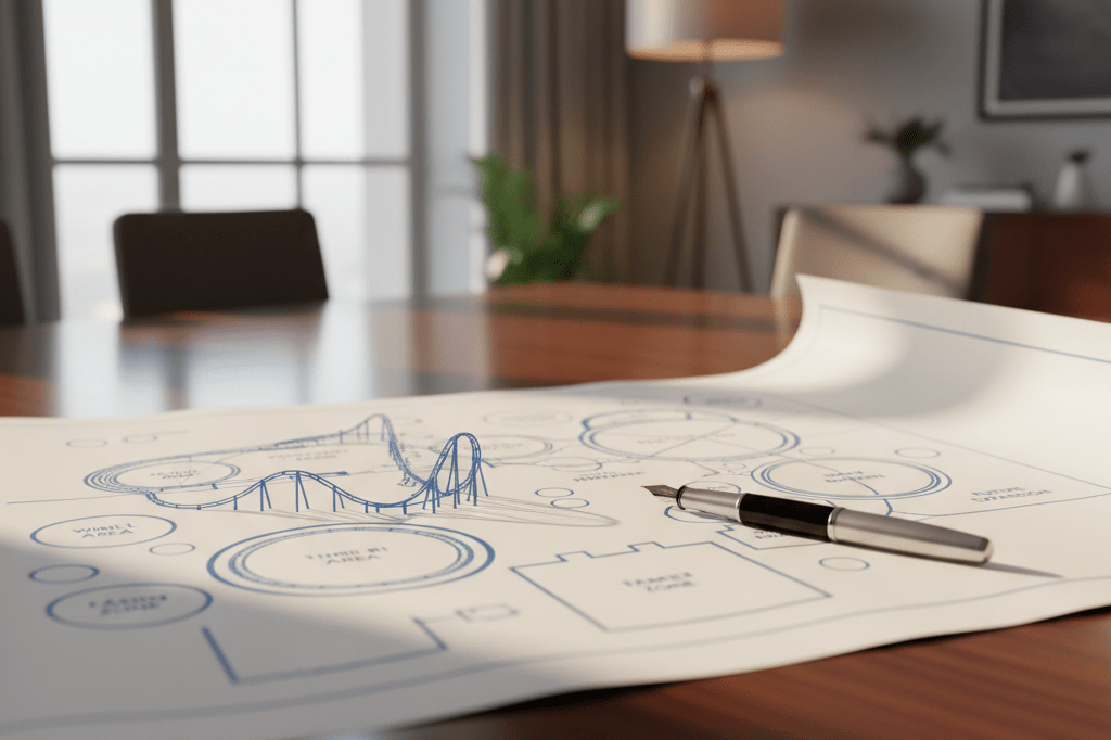 Strategic blueprint for amusement park real estate acquisition Architectural blueprint of an amusement park on a table under natural light, symbolizing tourism investment