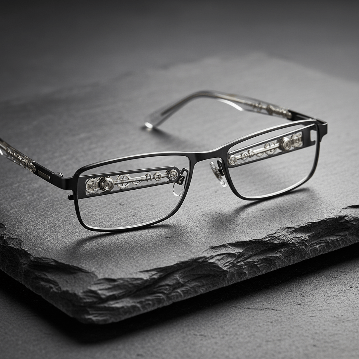 Modern rectangular men's glasses with translucent temples on dark slate.