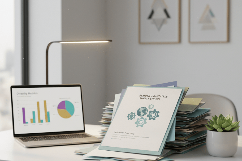 Modern procurement desk highlighting ethical sourcing and gender equity strategies Empty office desk with supplier documents and laptop under natural light symbolizing inclusive business practices