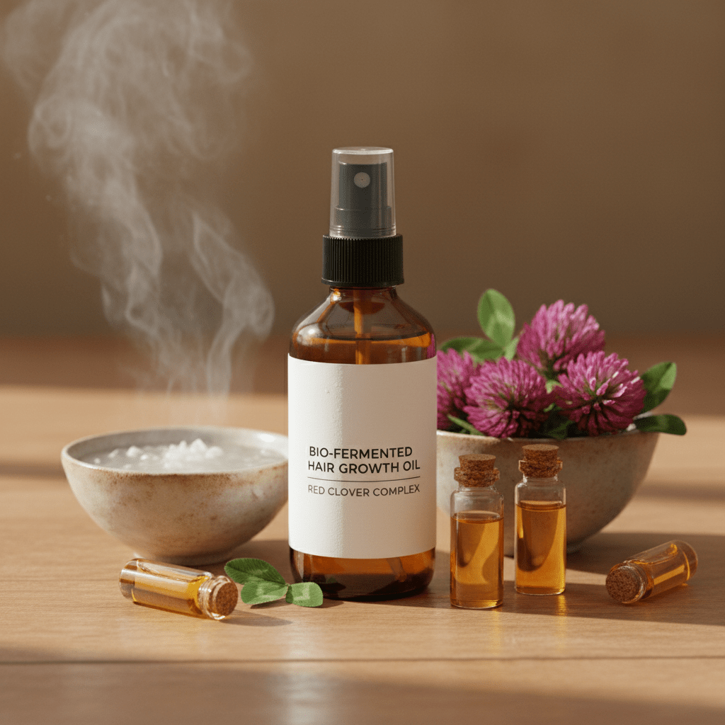 Amber glass hair growth oil bottle with red clover and rice water.