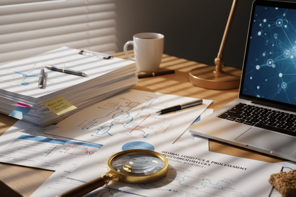 Analyst desk with magnifying glass revealing hidden supply chain details Cluttered analyst desk with maps and magnifying glass under natural light symbolizing deep market investigation