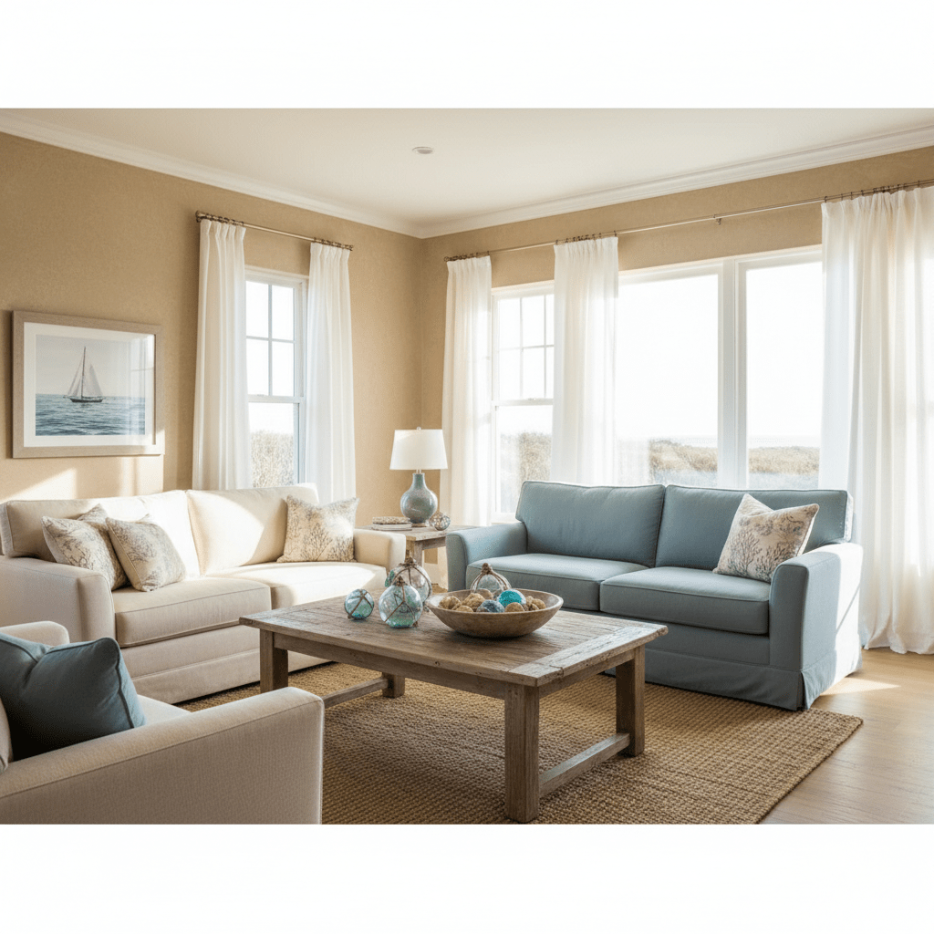 Sunlit coastal living room with sandy tan walls and comfortable upholstered sofas.