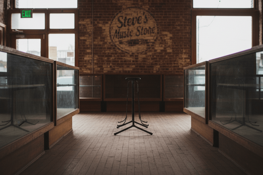Quiet, empty brick-and-wood music store interior bathed in natural and warm ambient light at dusk