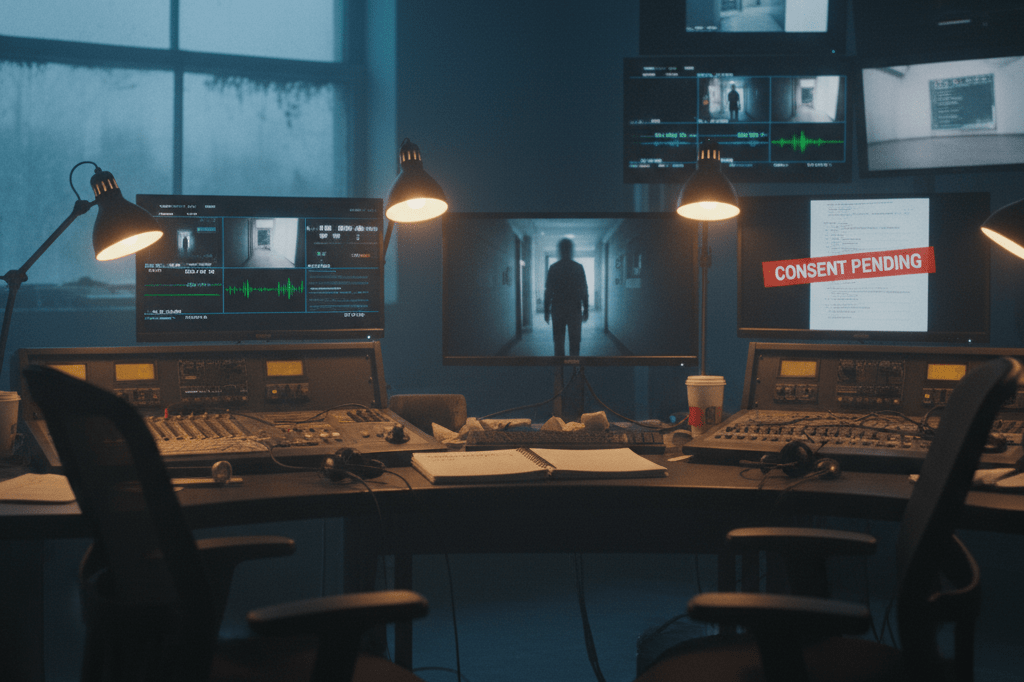 Medium shot of an empty reality TV control room at dusk with monitors showing consent banners and unedited footage, lit by natural and warm ambient light