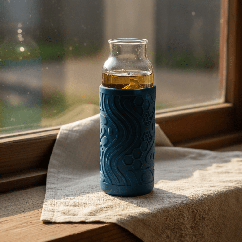 Transparent glass tea bottle with honeycomb sleeve on a sunlit windowsill.