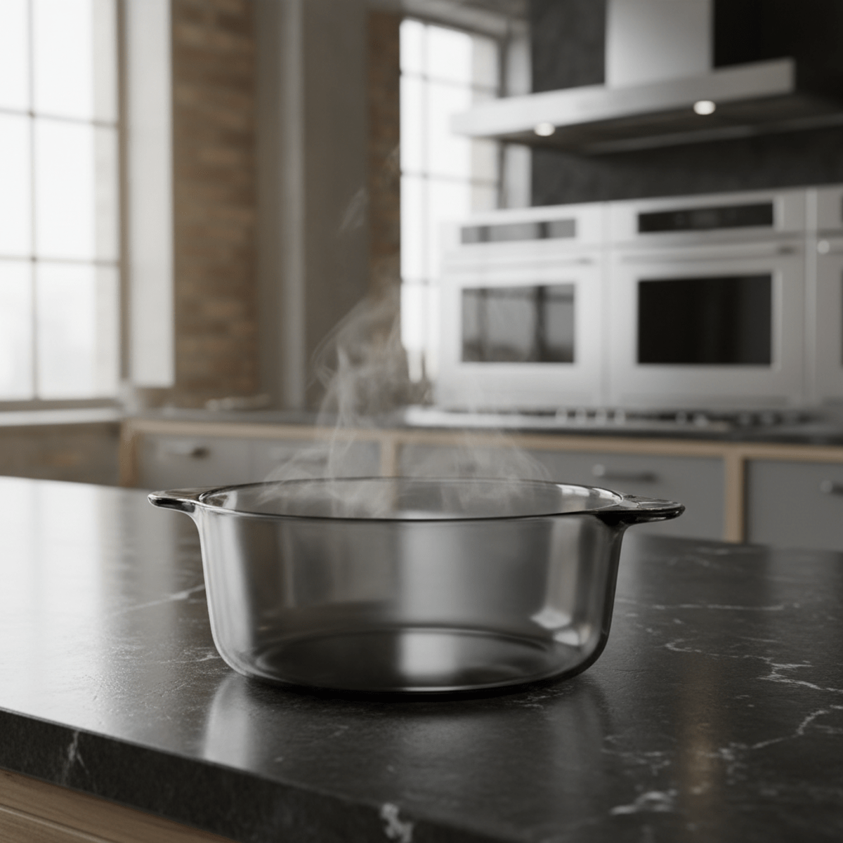 Smoked grey glass cooking pot with charcoal tint on granite countertop.