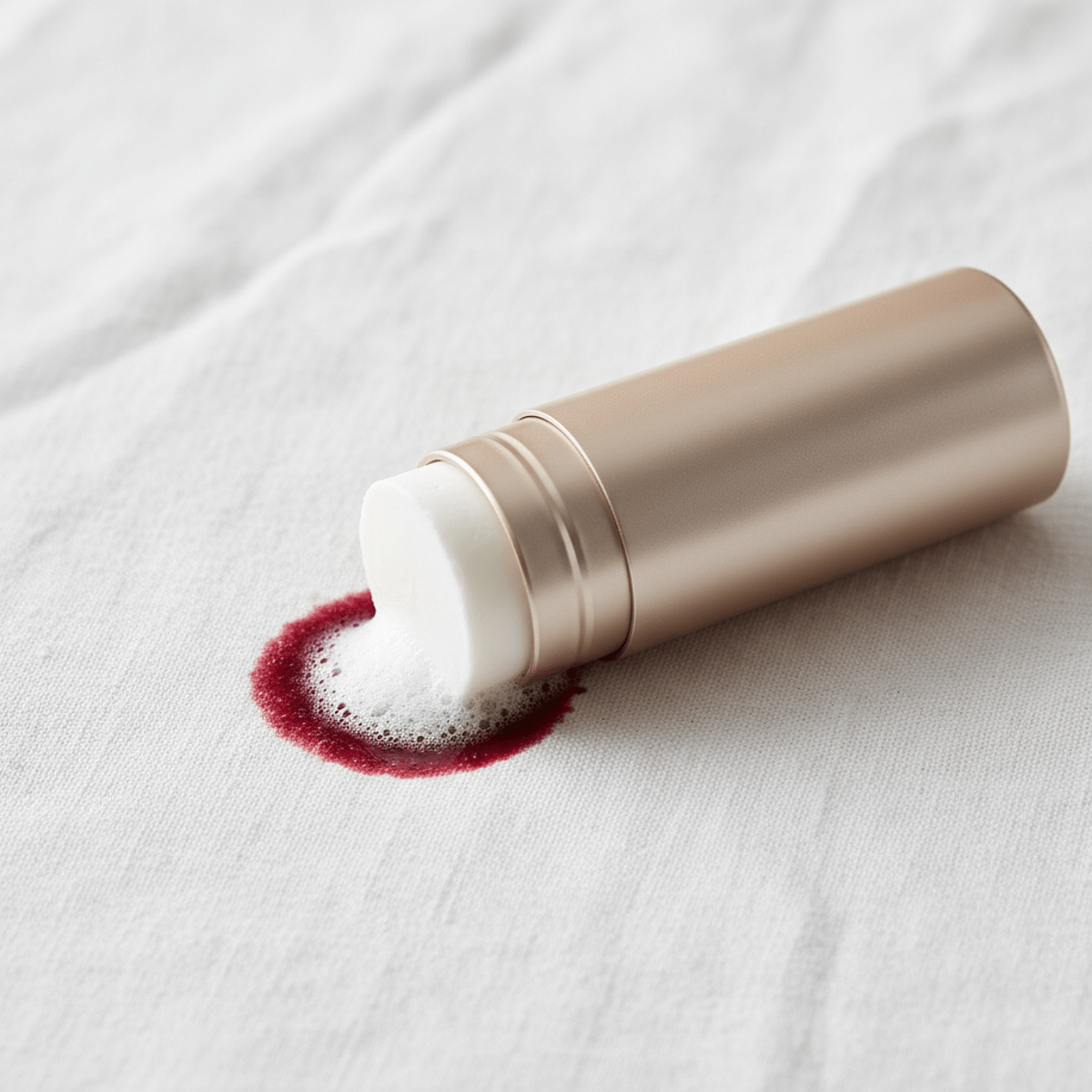 Sleek bleach stick precisely treating a red wine stain on white linen.