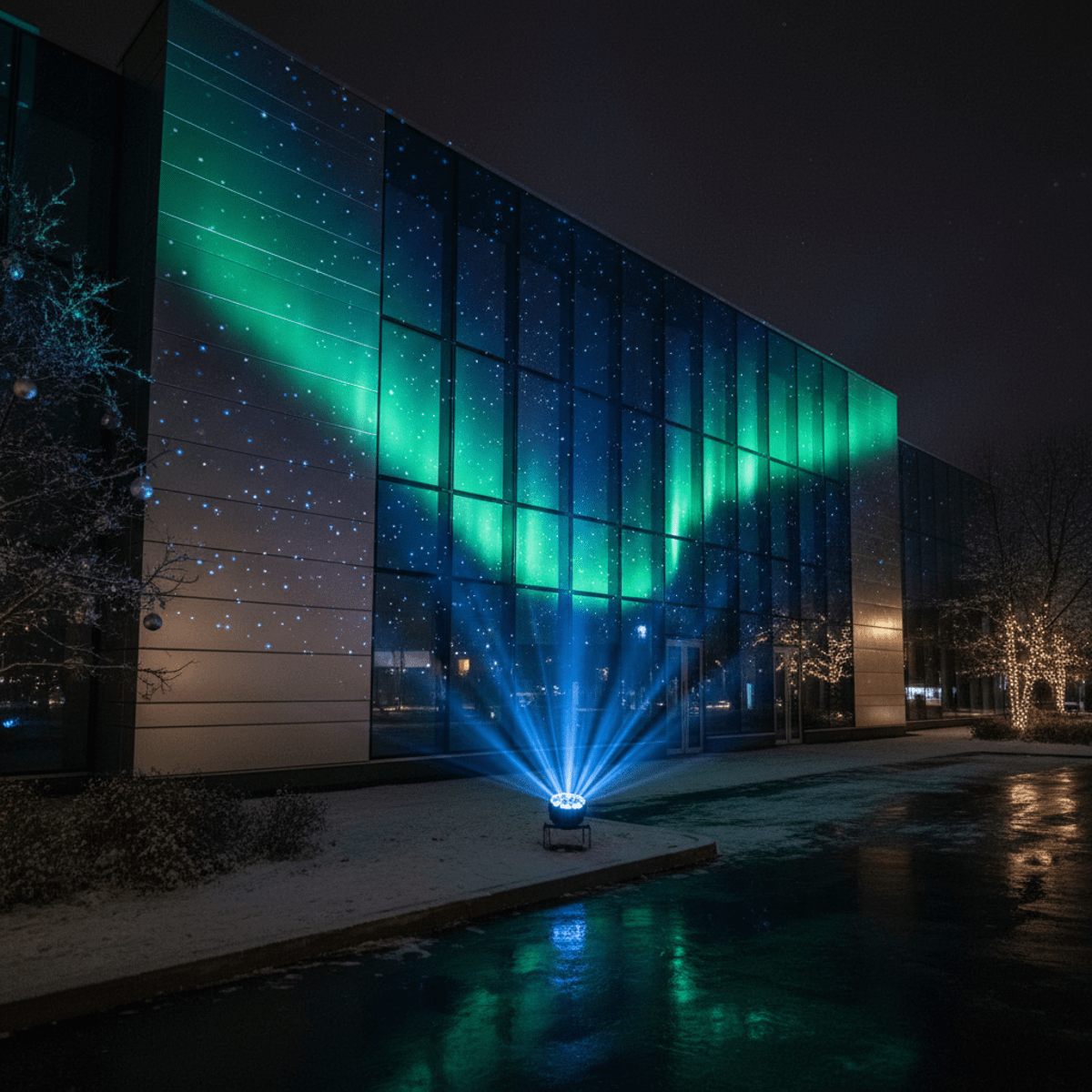 Vivid aurora borealis projected onto a sleek contemporary building at night.