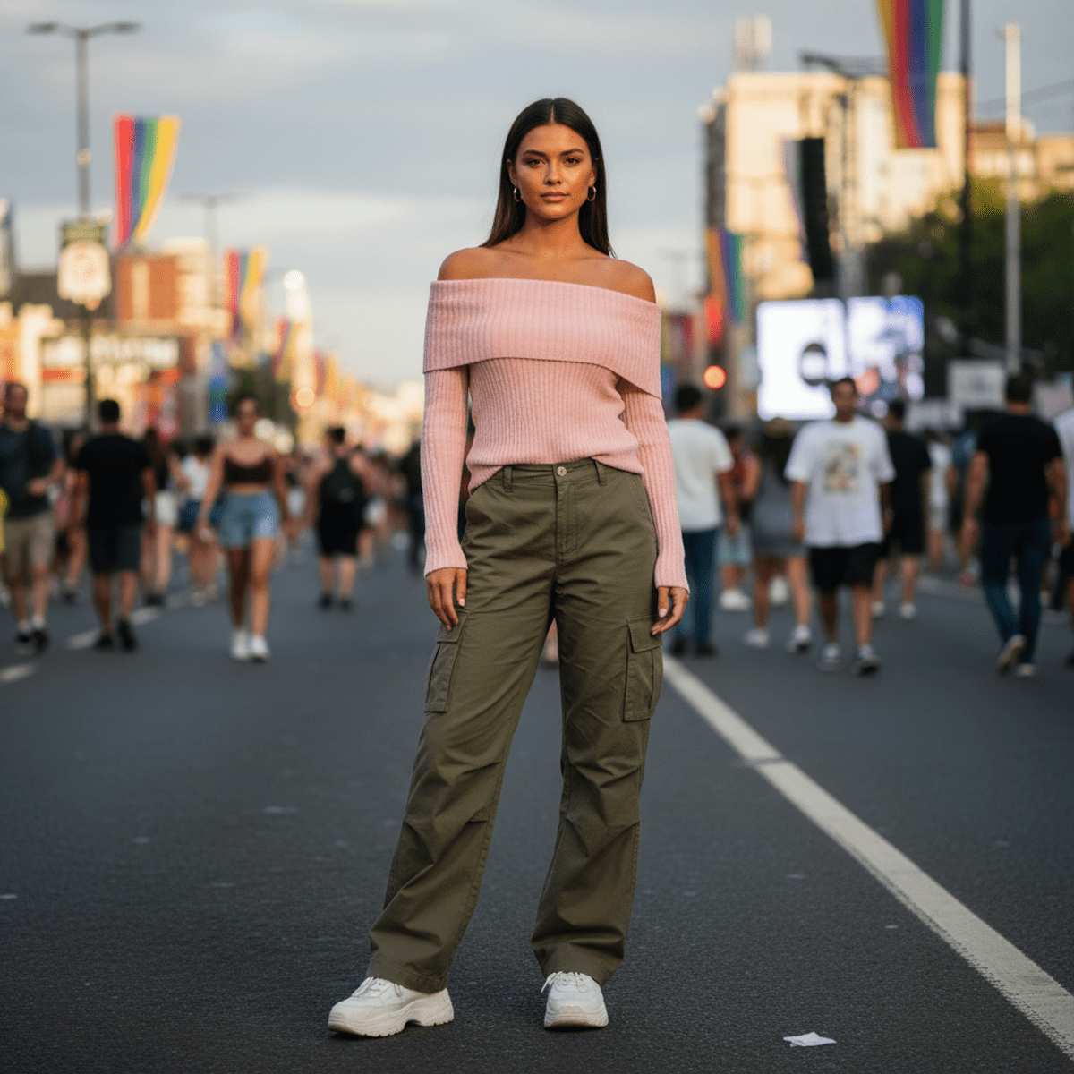 Stylish woman at music festival in knit and cargo pants. Young woman in ribbed knit top and cargo pants at a music festival.