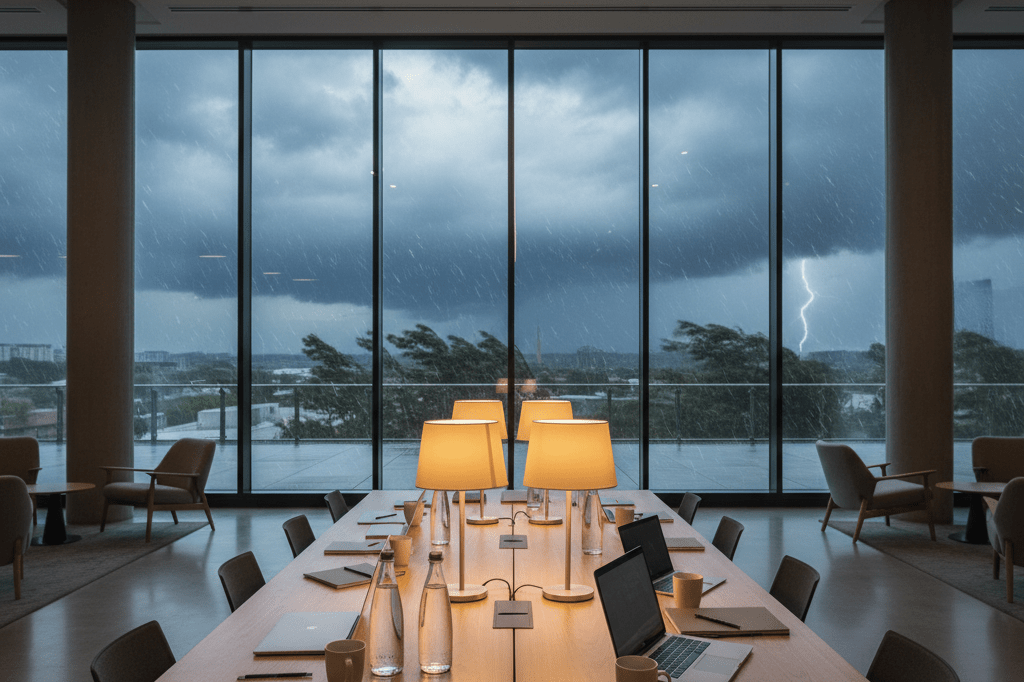 Office lobby with organized supplies under soft lighting as storm brews outside, highlighting business readiness during severe weather