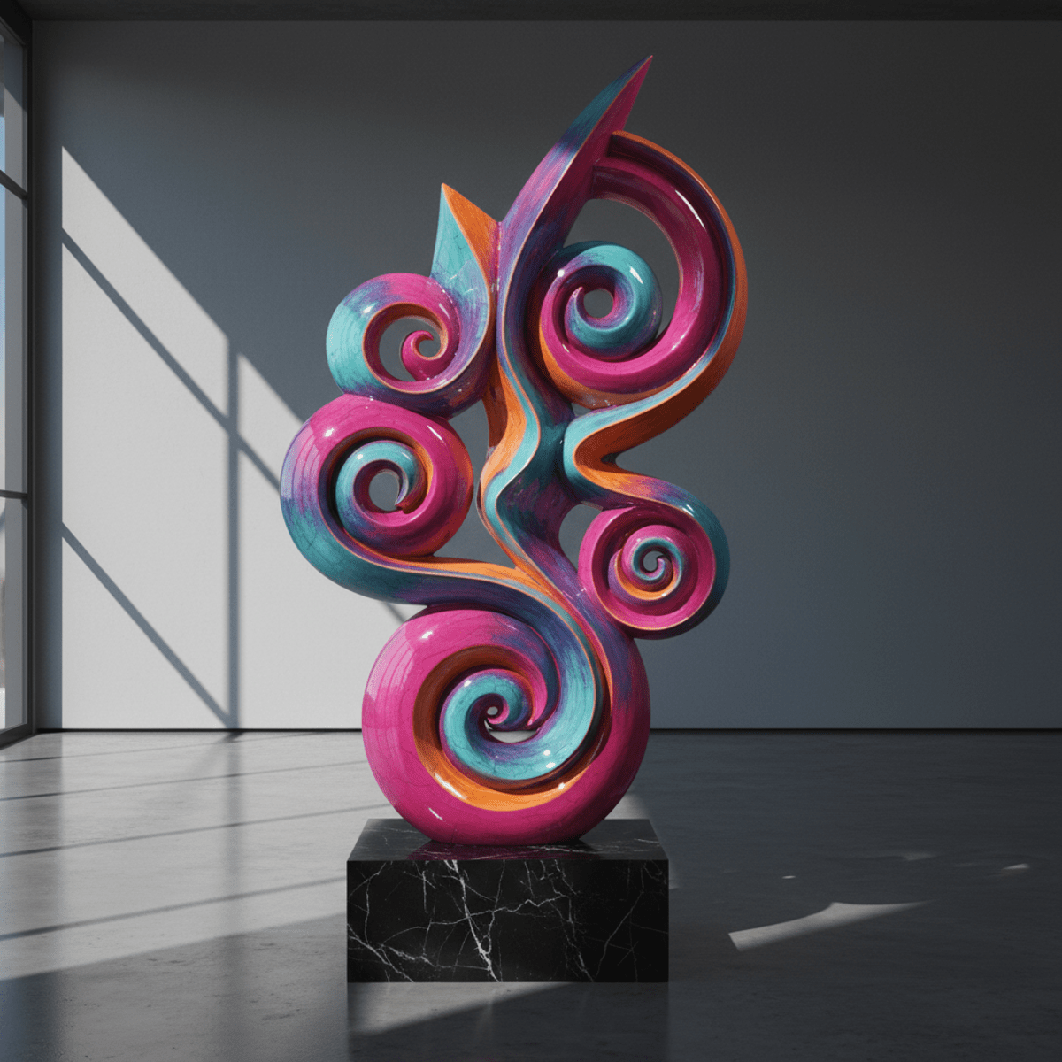 Vibrant abstract sculpture with fluid geometric forms on a pedestal in a modern gallery.