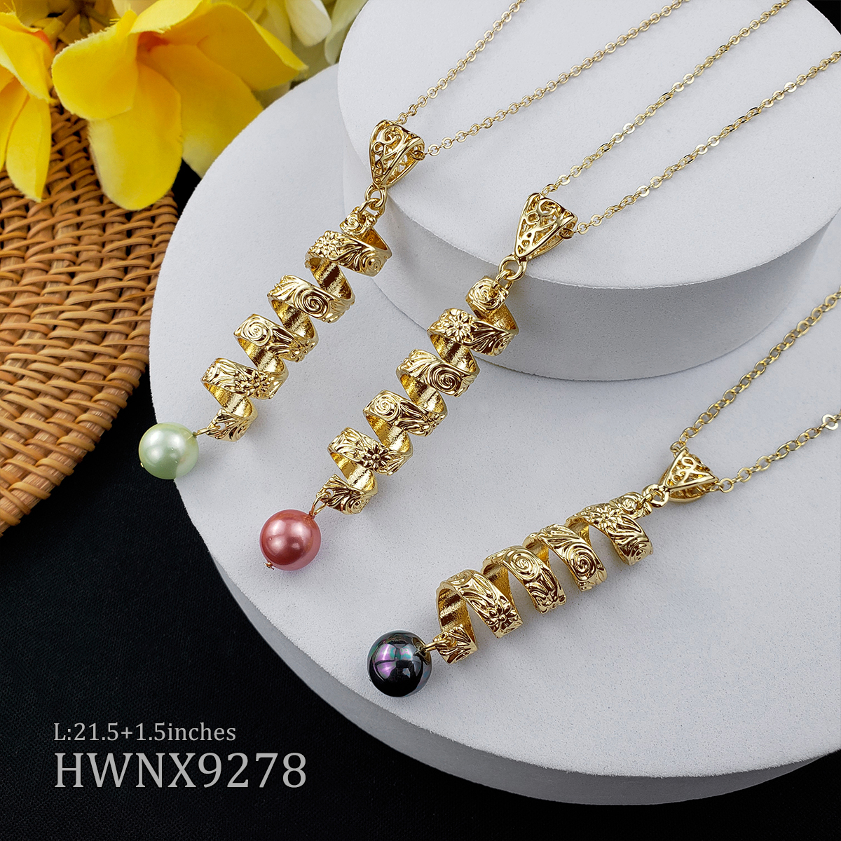 2020 Hot designer hawaiian 14k gold plated plumeria flower tortile black pearl necklace and earrings set for women