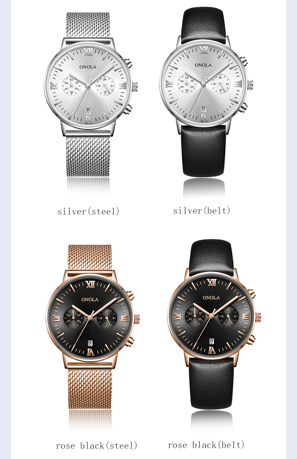 onola男士不锈钢网带石英模拟手表镀金计时码表商务手表男运动手表