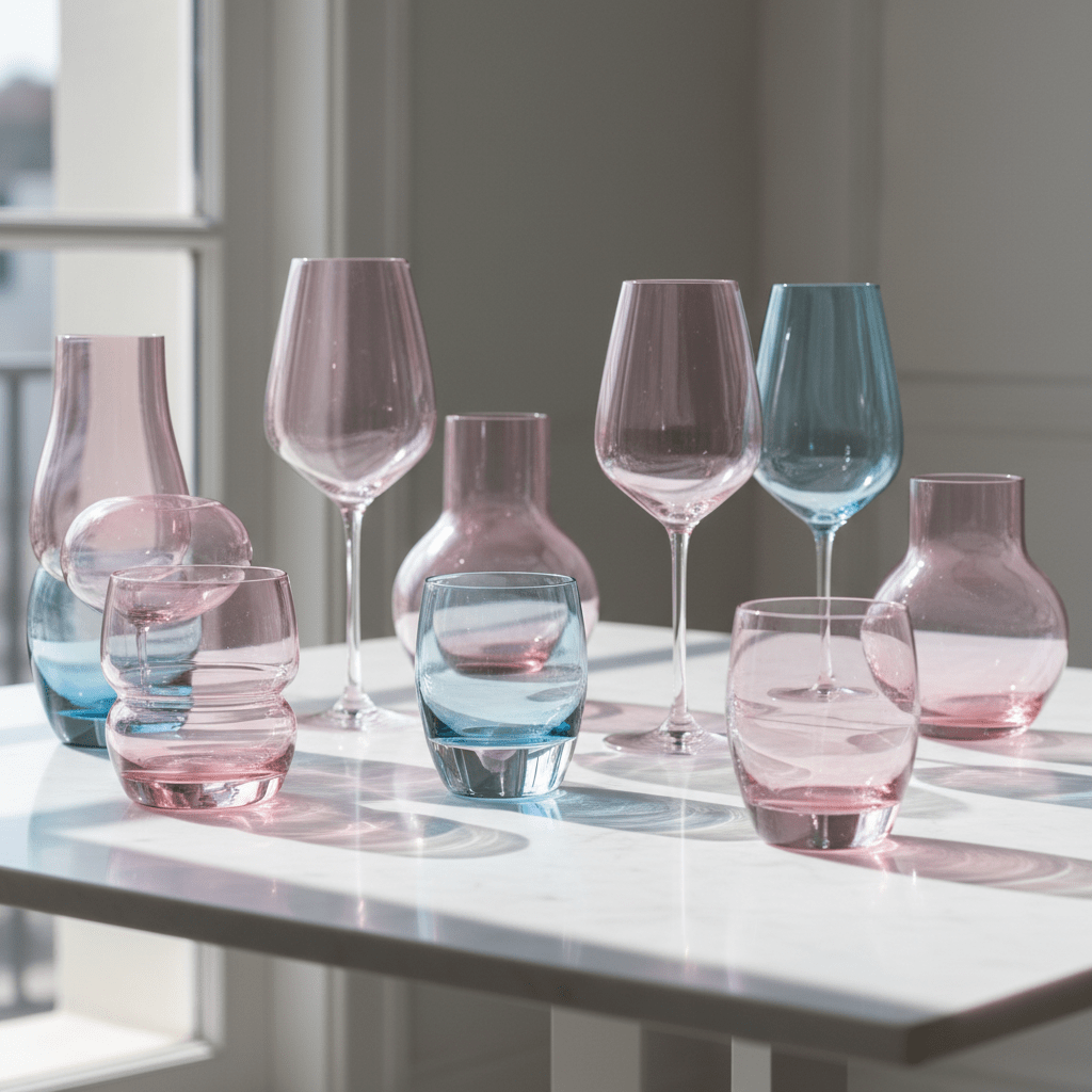 Elegant glassware collection showcasing soft translucent color trends. Translucent glassware in rose quartz, sea glass blue, and lilac tones on marble.