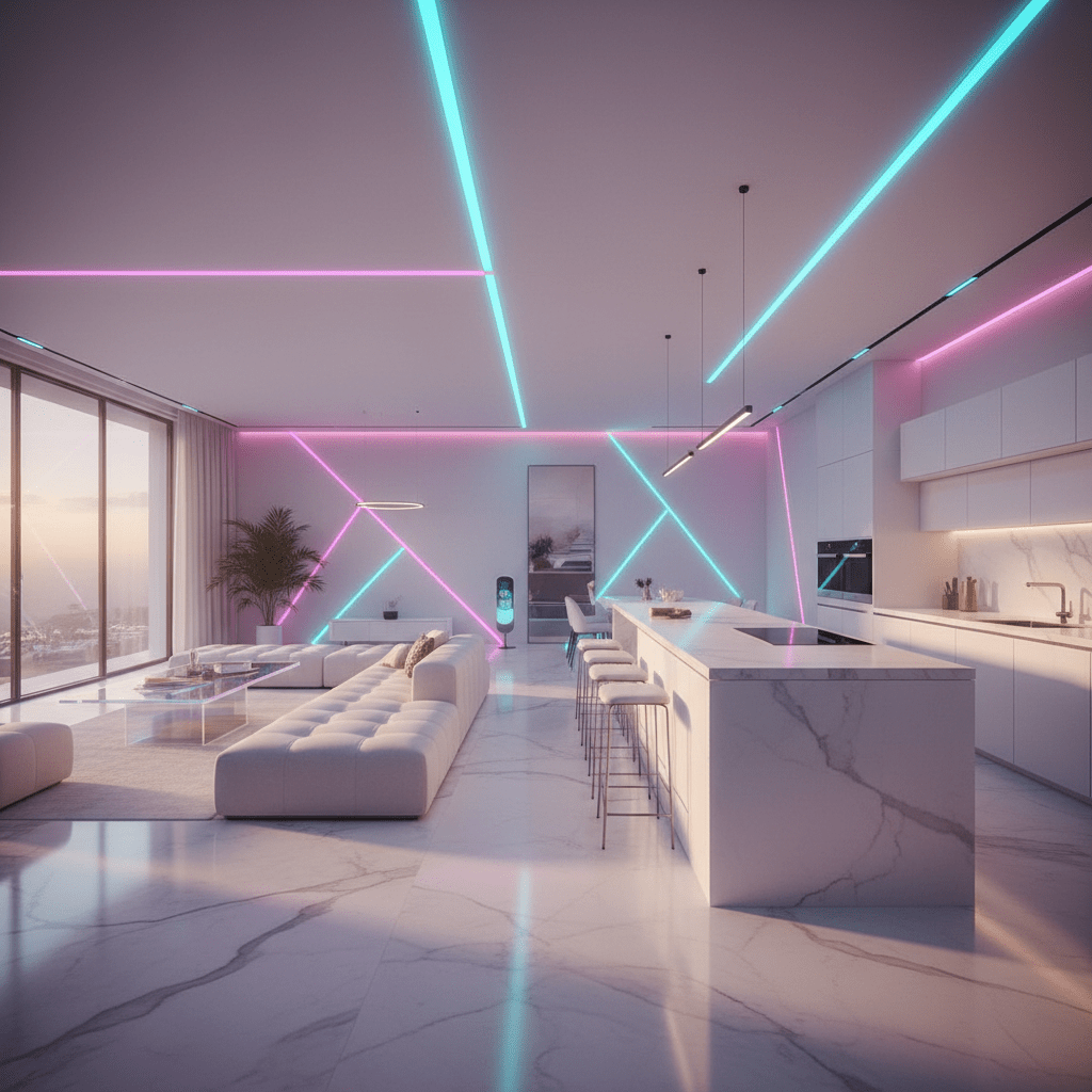 Minimalist smart home with magenta and cyan neon accents, reflecting off polished marble.