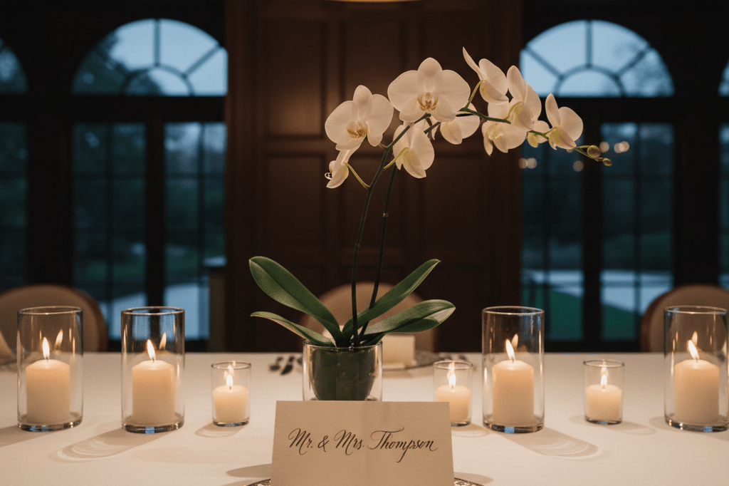 Close-up of elegant private event table with orchids and place card under warm ambient lighting
