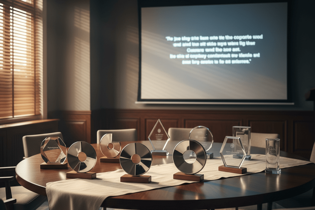 Elegant conference room with awards and inspirational visuals under soft ambient lighting, symbolizing meaningful corporate recognition