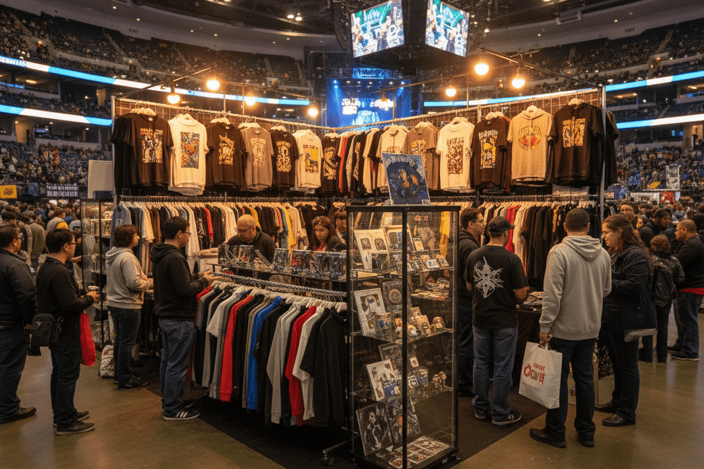 Wide shot of a well-organized merchandise booth with apparel and collectibles under warm ambient lighting, showcasing event marketing strategies