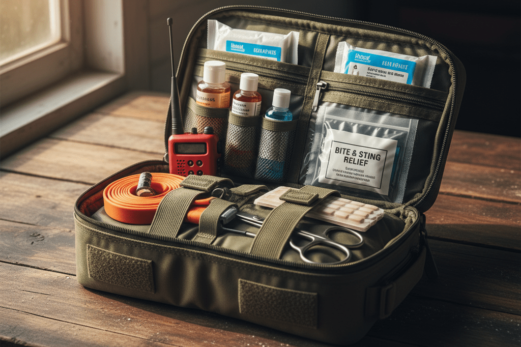 Open travel medical kit showcasing essential safety supplies under natural light Close-up of an open travel medical kit with wound cleaning supplies and emergency tools on a wooden table
