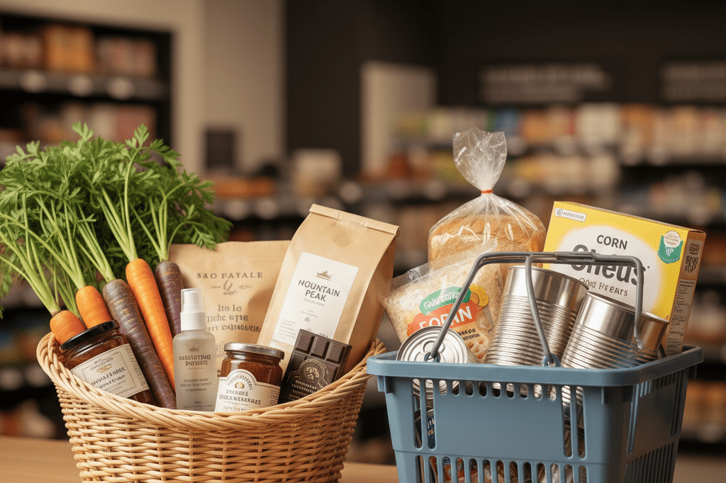 Two shopping baskets on a counter, one with premium items and the other with essentials, illustrating senior spending patterns under warm ambient light.