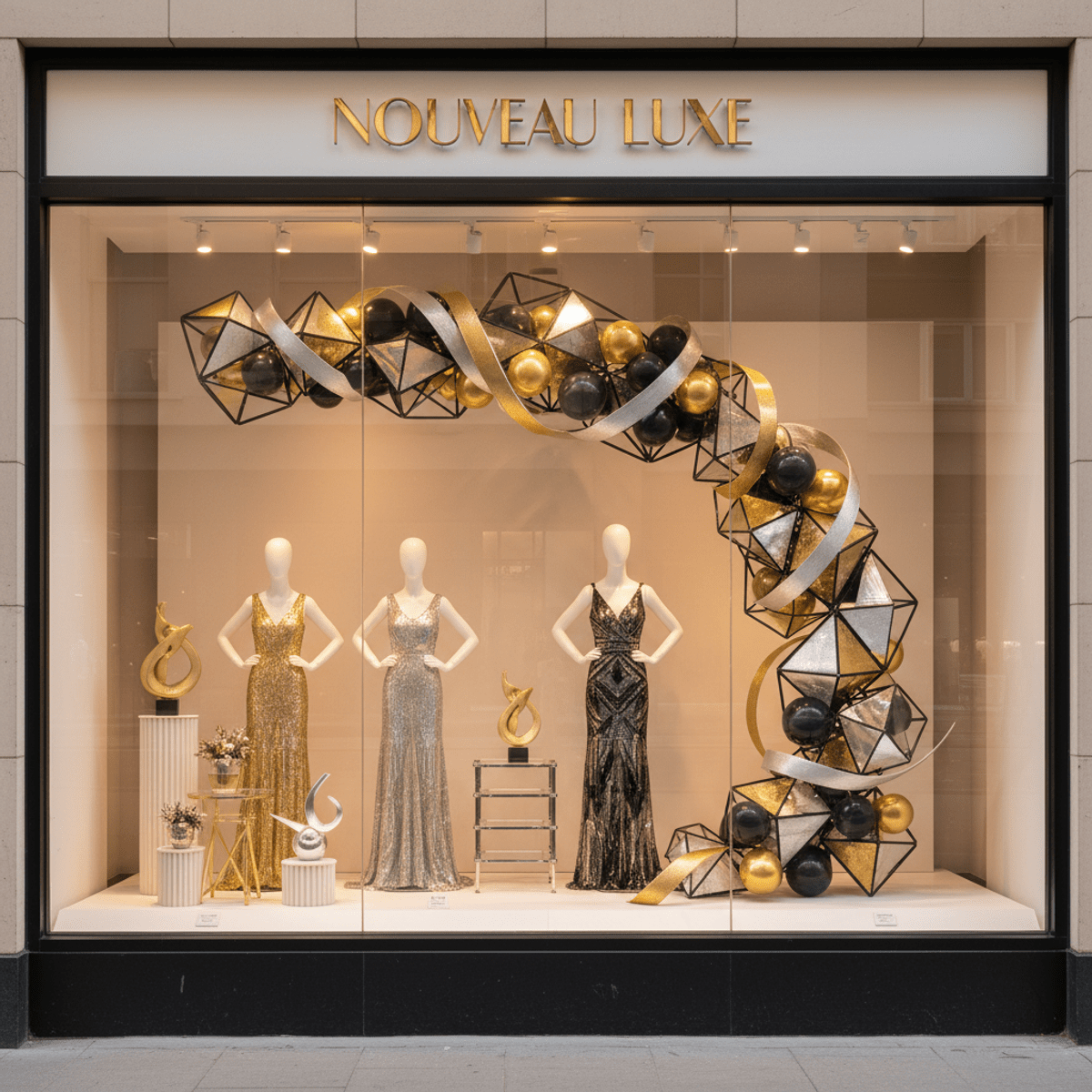 Glamorous Art Deco balloon garland with gold and silver accents in a retail window.