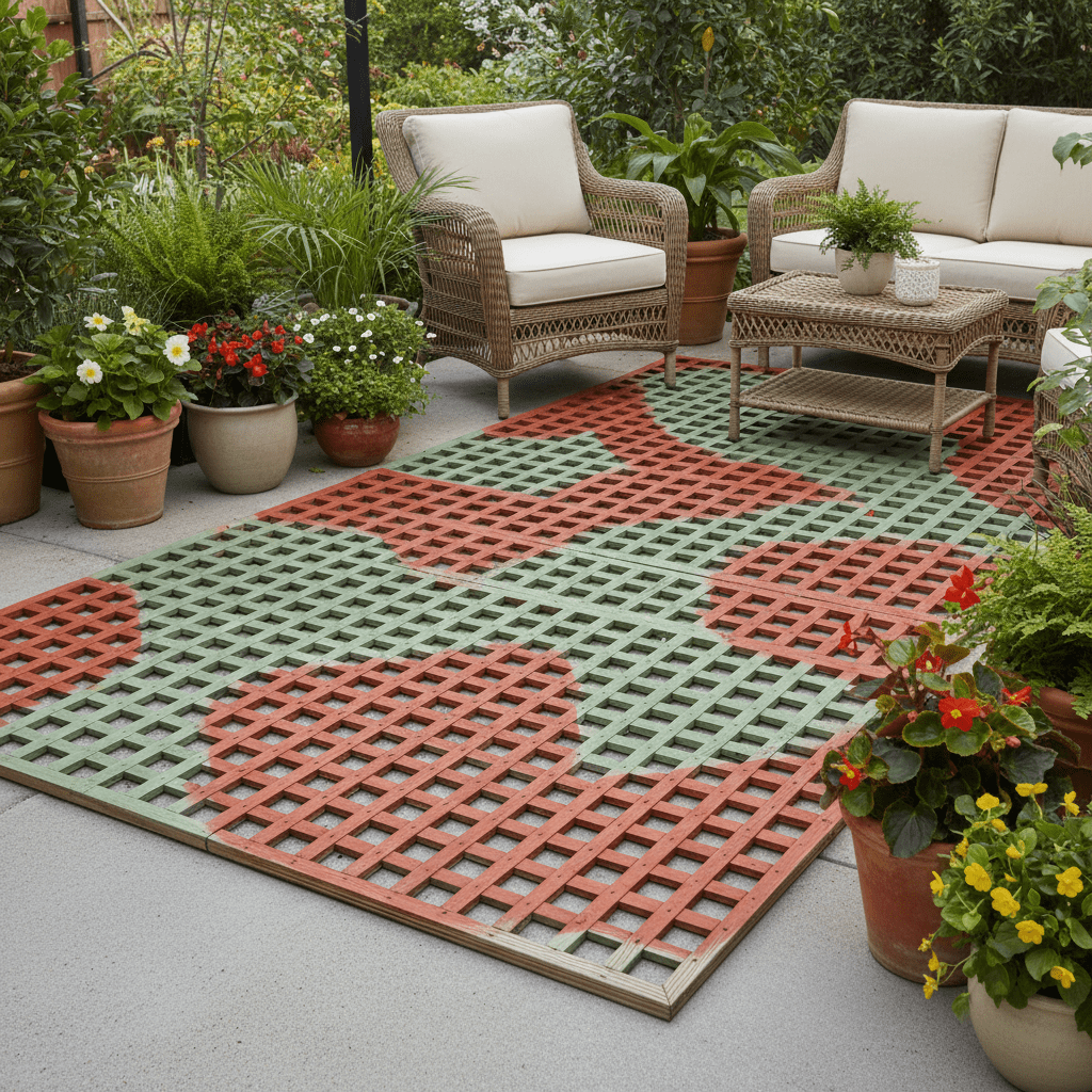Outdoor patio with painted lattice panels in geometric patterns and potted plants.