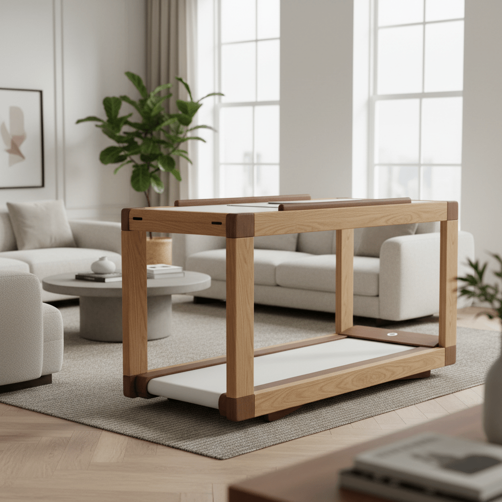 Integrated treadmill disguised as a console table in a modern living room.