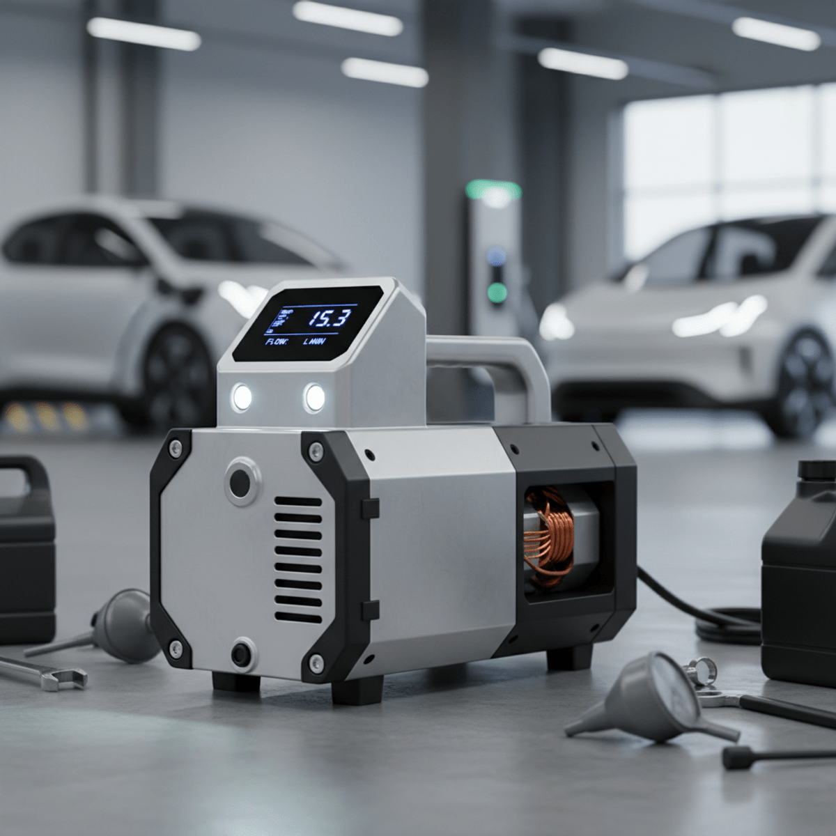 Modern electric oil pump in EV charging depot Sleek electric oil pump with digital screen in a modern EV charging depot.