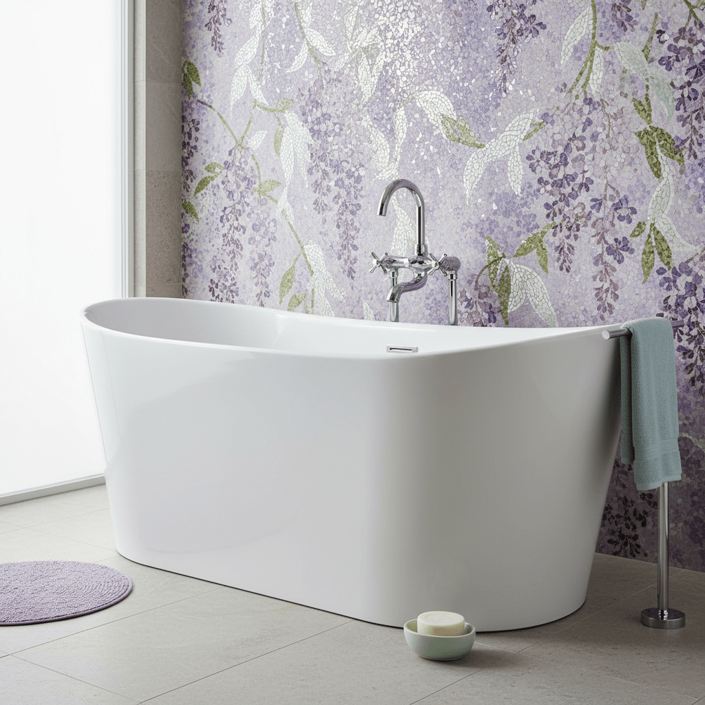 Luxurious bathroom features custom lavender and wisteria mosaic tile with gray stone floor.