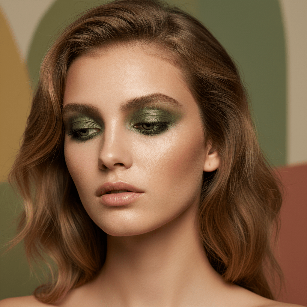 Model with smudged olive green eyeliner in soft grunge style, eyes downcast.