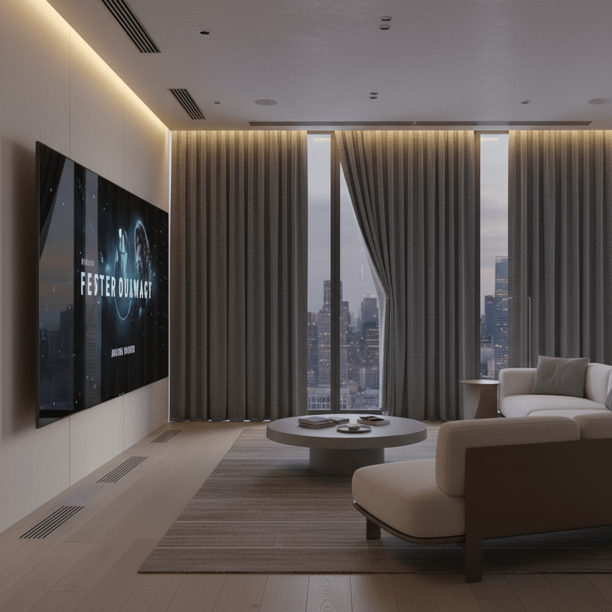 Futuristic living room with dimming smart lights and blackout curtains closing.