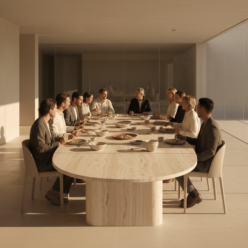 Elegant travertine dining table with guests and golden hour light Luxurious travertine oval dining table with guests enjoying a meal in a contemporary setting.