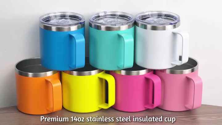 Custom Logo 12 Oz 14 Oz Powder Coated Insulated Stainless Steel Coffee Mugs  Handle Double Wall Vacuum Tumbler Cup With Lid