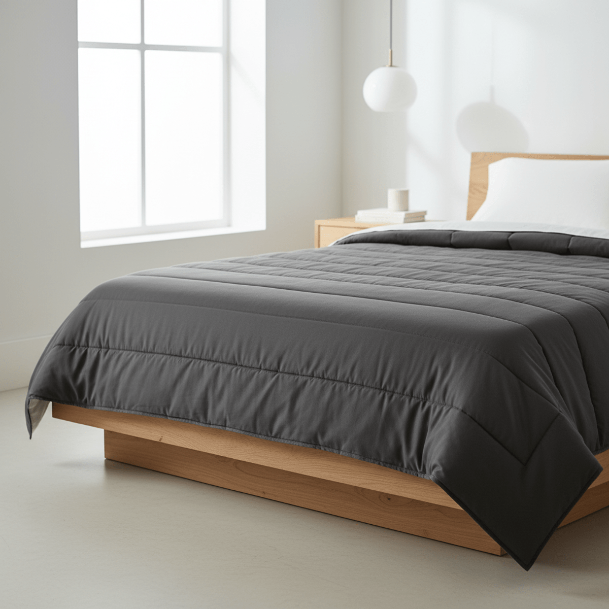 Lightweight charcoal quilted comforter on a modern platform bed with natural wood accents.