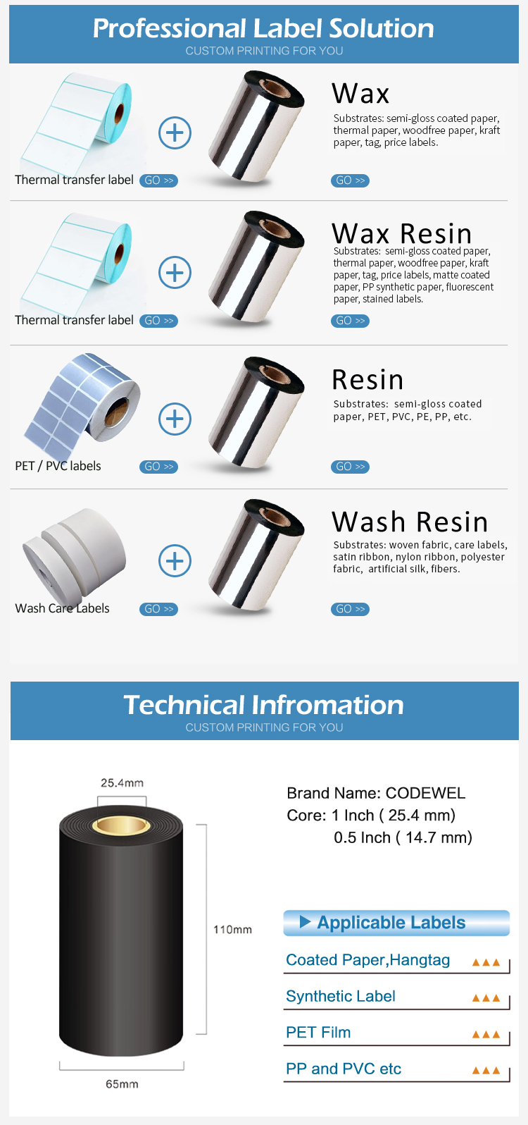 New Arrived 110mmx300m  Compatible Armor  Premium Resin thermal transfer ribbon and wax  ribbon jumbo roll