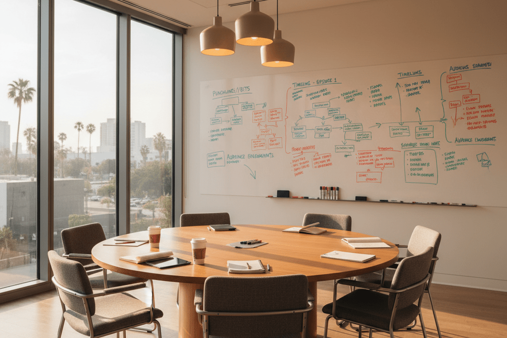 Wide shot of an entertainment studio's meeting space with whiteboards, natural lighting, and collaborative design details