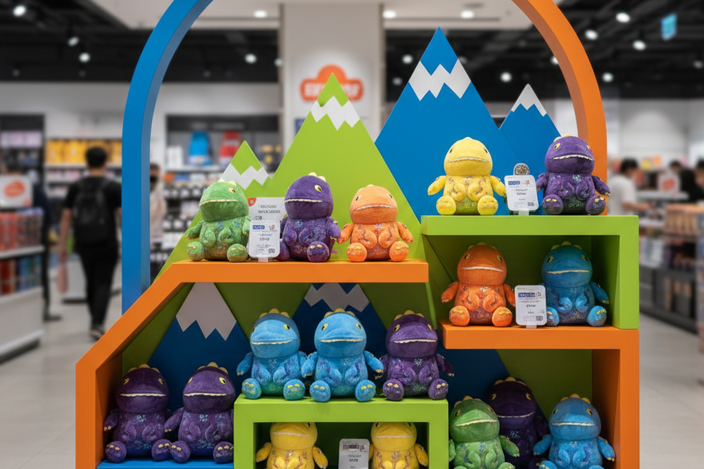 Medium shot of a vibrant, themed retail display with abstract monster-inspired plush toys and collectibles on modular shelving in a modern store