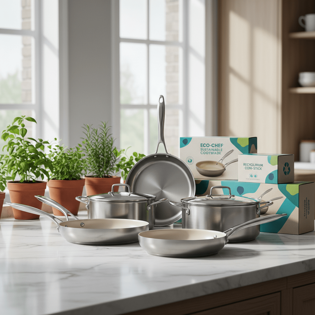 Elegant non-stick cookware with ivory ceramic lining on marble countertops.