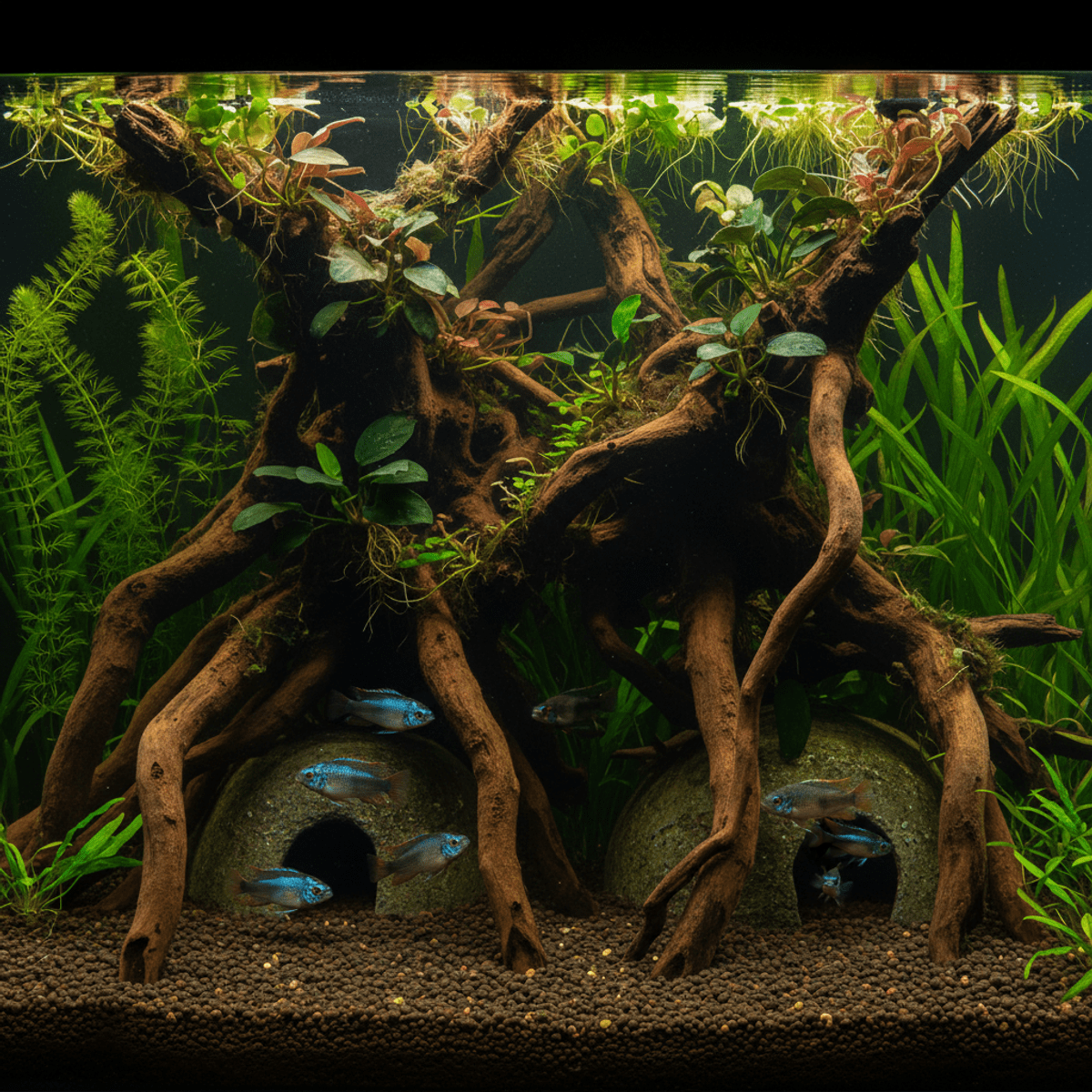 Tropical riverbank aquarium with gnarled driftwood roots and lush epiphytes.