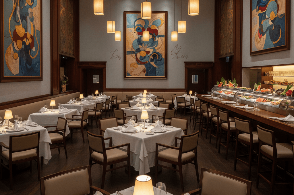 Elegantly designed restaurant space with sushi bar and tasteful decor, reflecting high-end dining atmosphere under ambient lighting