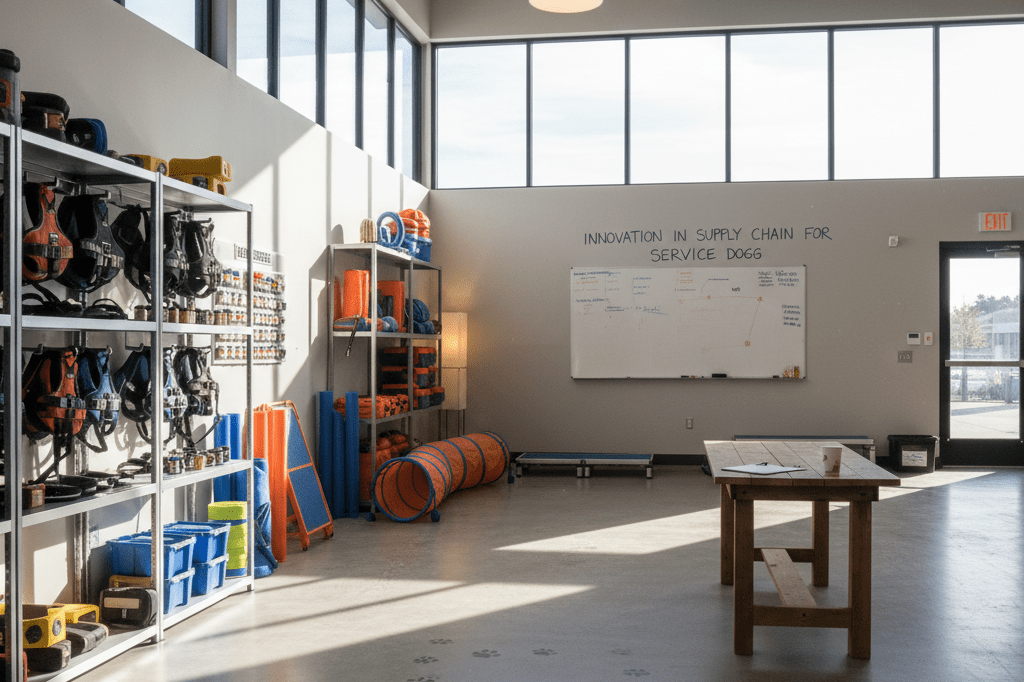 Shelves stocked with mobility harnesses and scent detection kits in a sunlit service dog training center