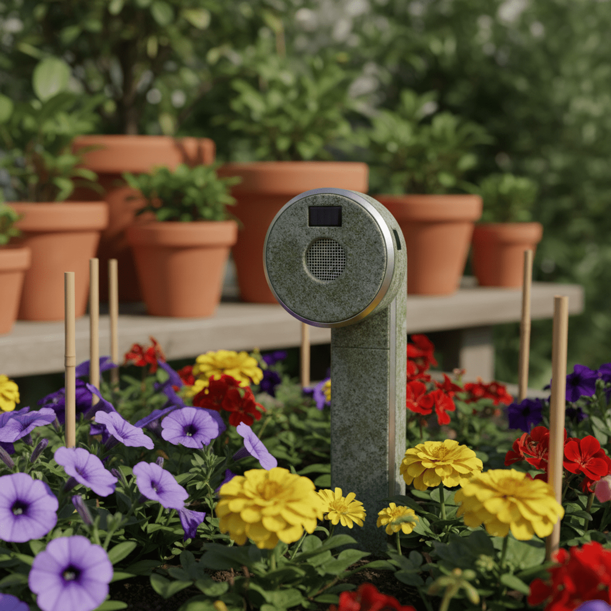 Futuristic garden stake cat repellent camouflaged among blooming flowers.