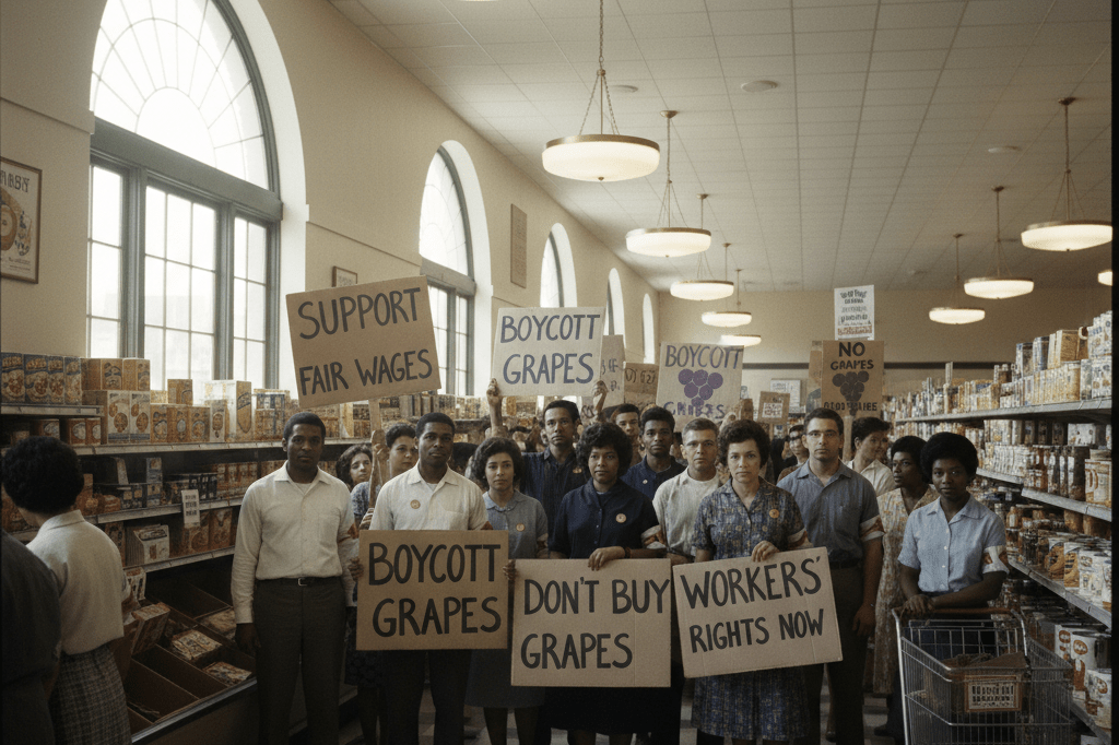 Wide shot of diverse activists in a vintage grocery store organizing a grape boycott under natural and ambient lighting