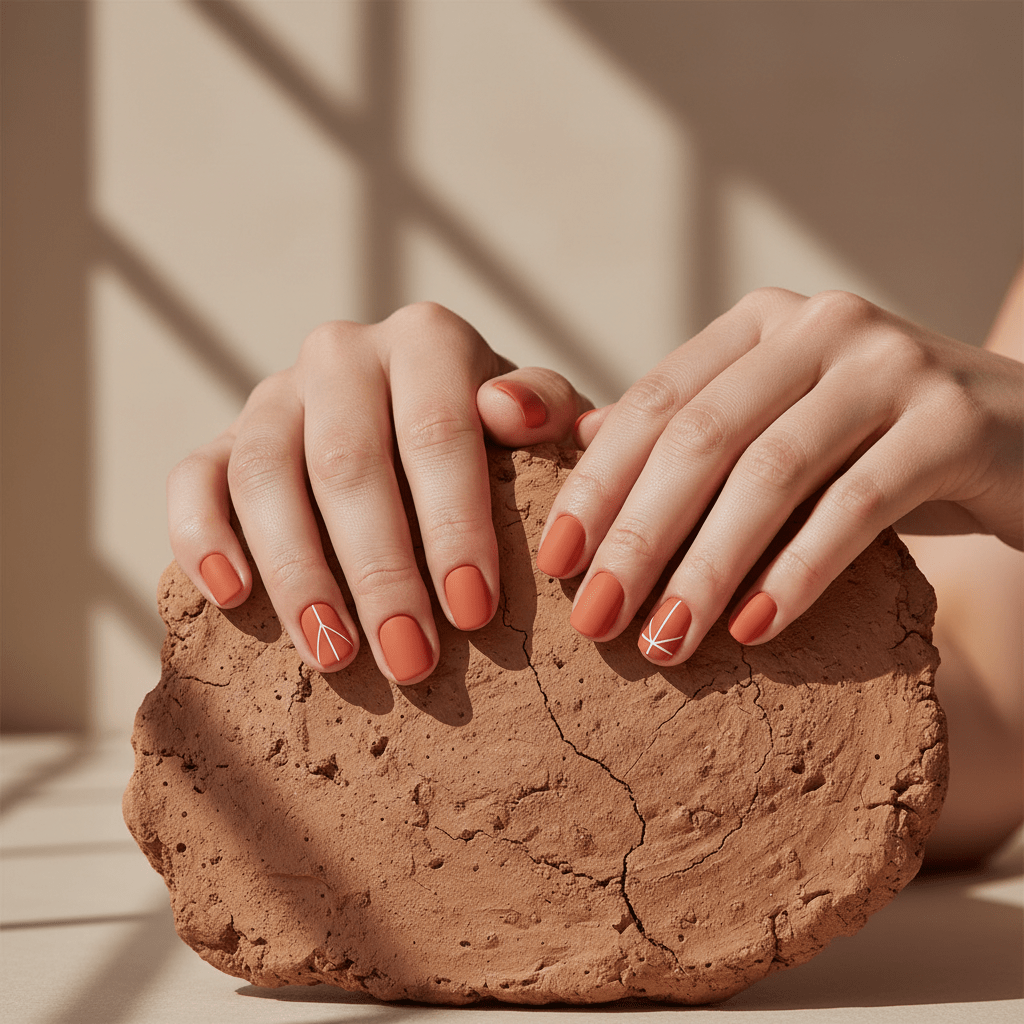 Hands with matte dusty orange apricot crush nails on natural clay surface.