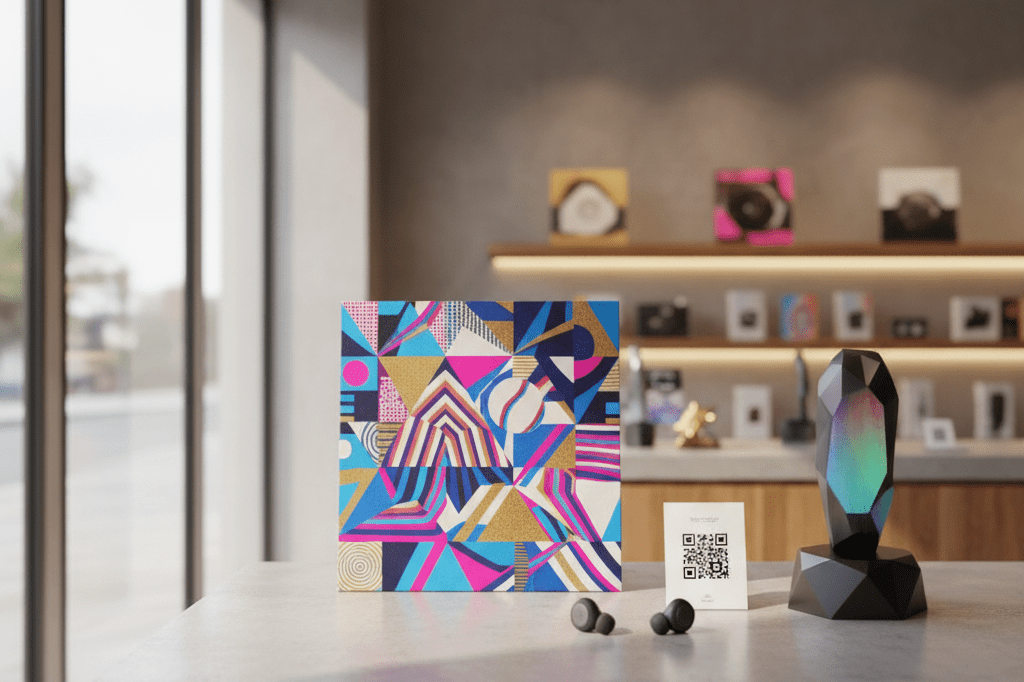 Medium shot of abstract K-pop–inspired vinyl, AR earbuds, and holographic figurine on a sunlit retail counter