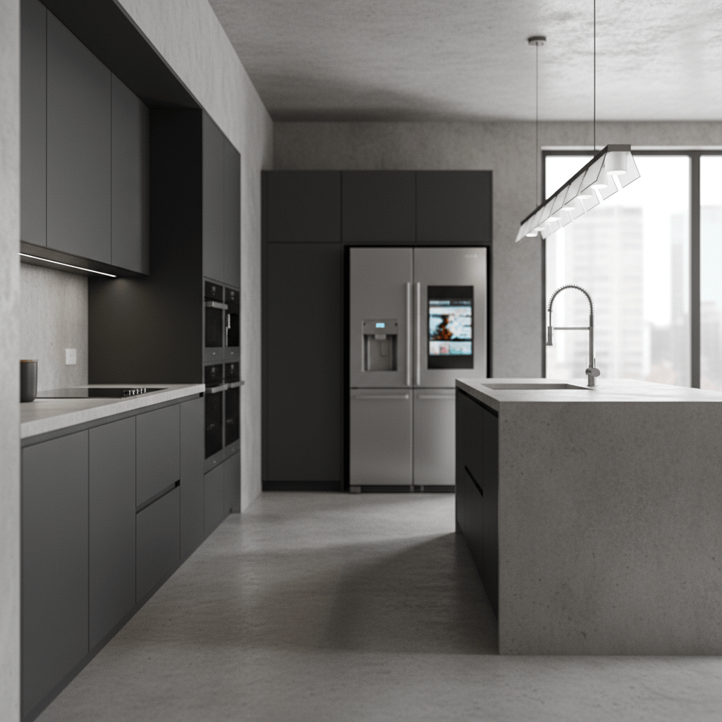 Modern industrial kitchen with charcoal cabinetry and polished concrete countertops.
