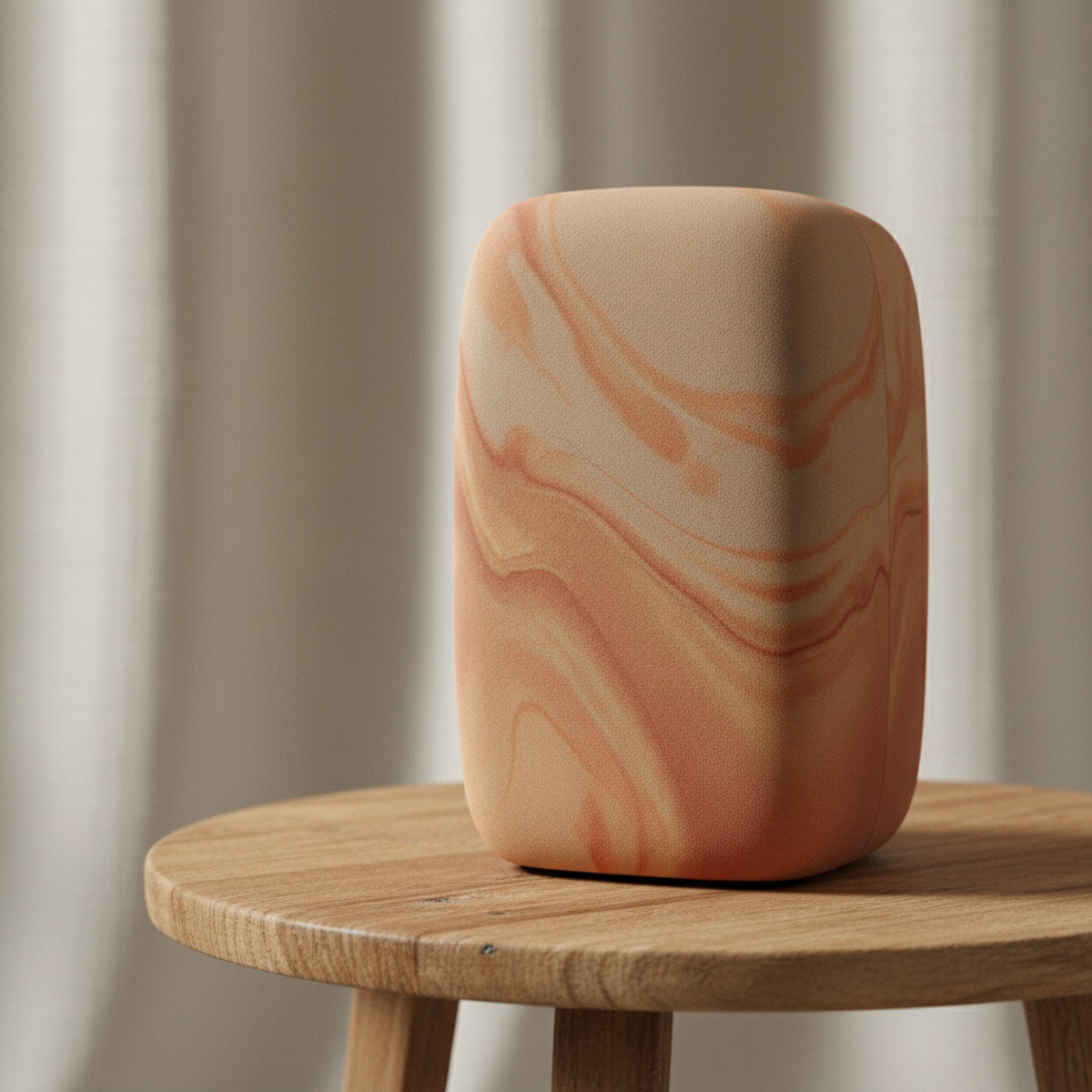 Smart speaker with handcrafted ceramic-like body in earthy terracotta and taupe tones.