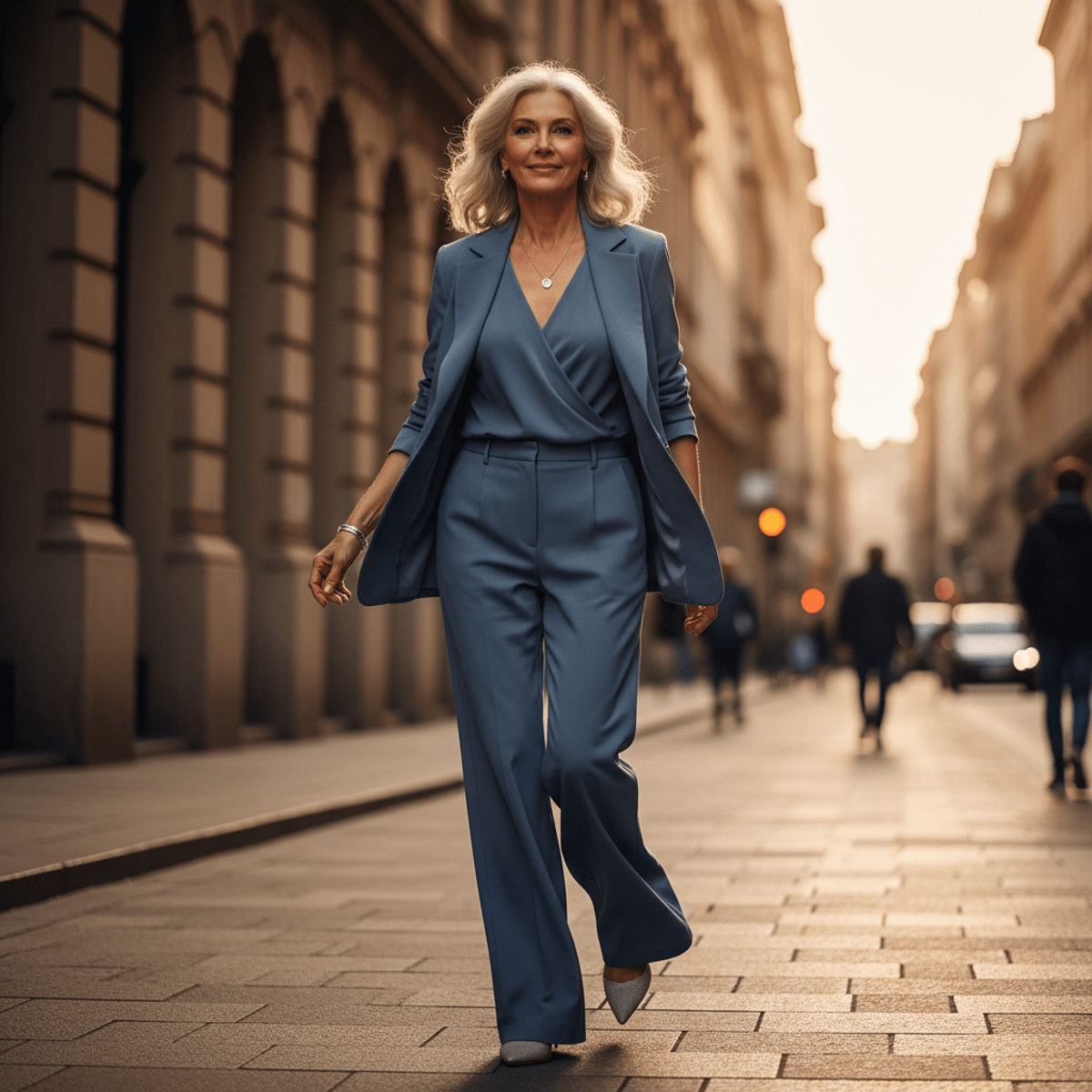 Stylish older woman in relaxed tailoring suit on city street during golden hour.
