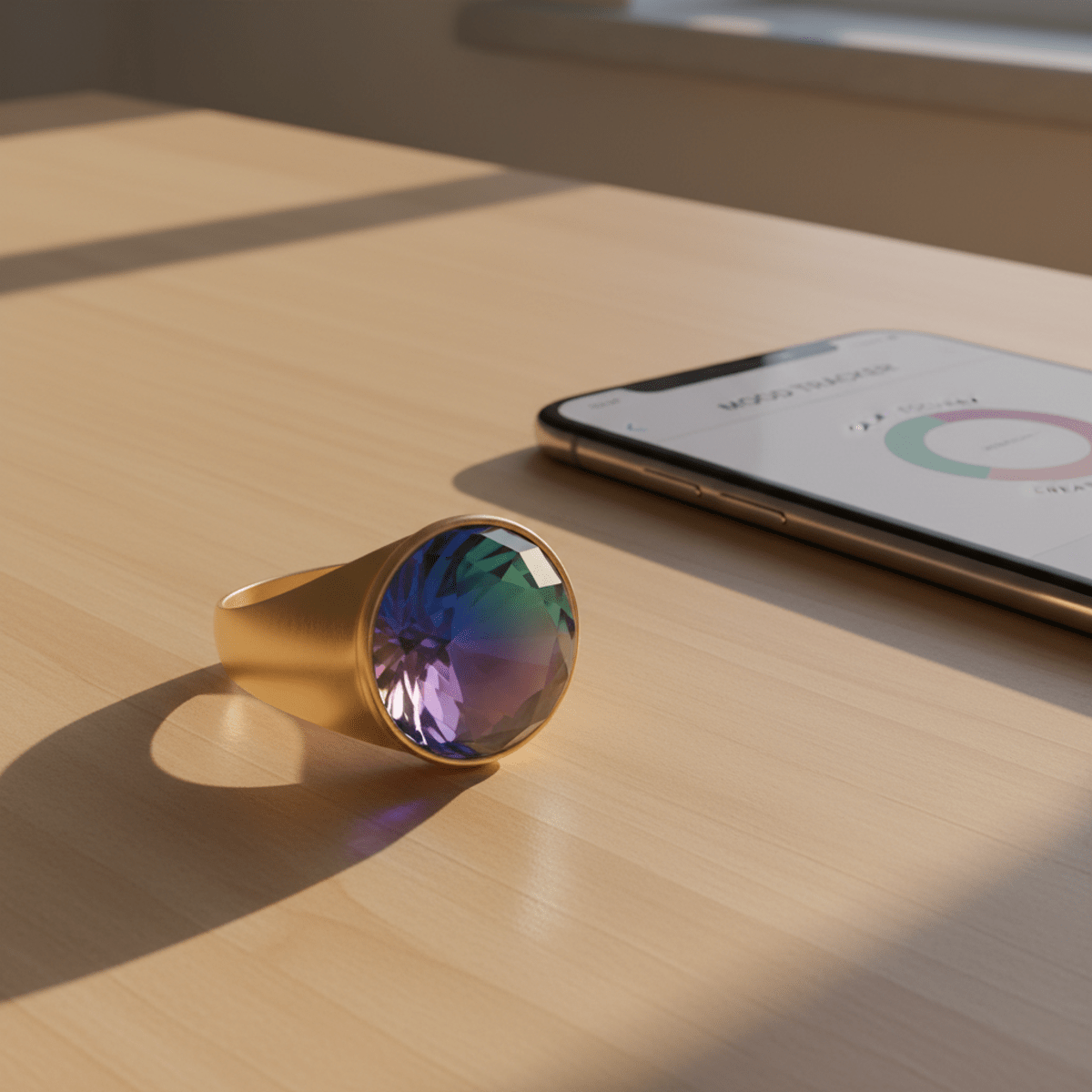 Modern mood ring on a minimalist wellness desk Retro-inspired mood ring on a modern wellness desk with a smartphone.