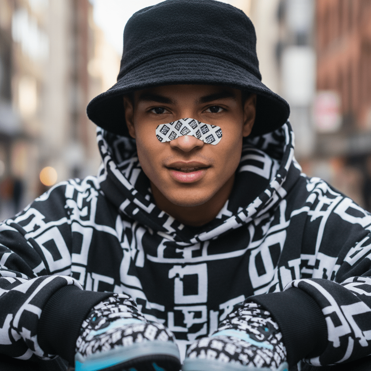 Young model with geometric bandaid, bucket hat, and futuristic sneakers on city street.